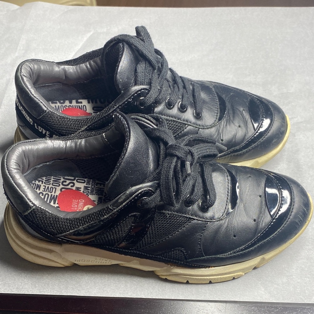 Moschino Glossy Black Sneakers with White Soles